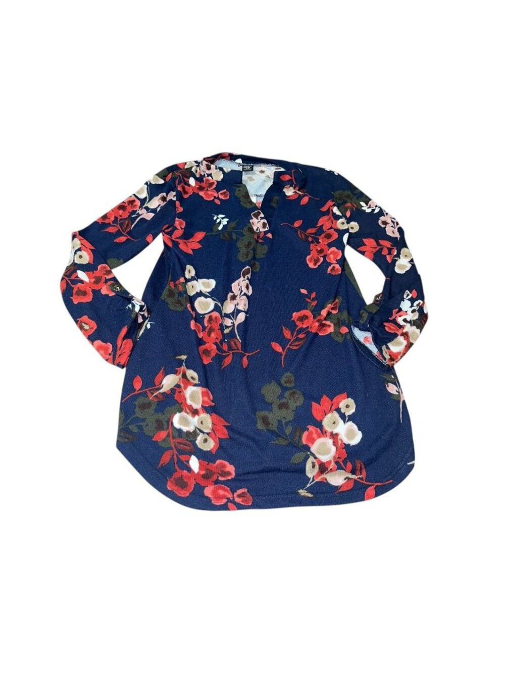 LILDY Women's Size Small-Medium Button Sleeve Tunic Navy Blue Floral